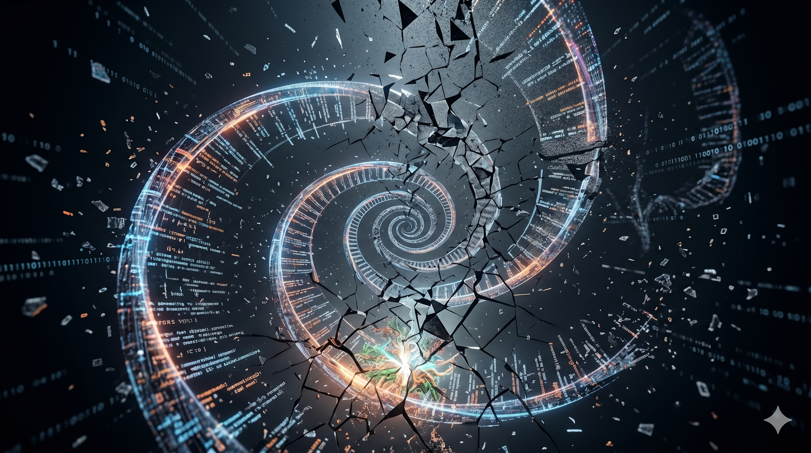 A digital DNA spiral fragmenting into noise and static.