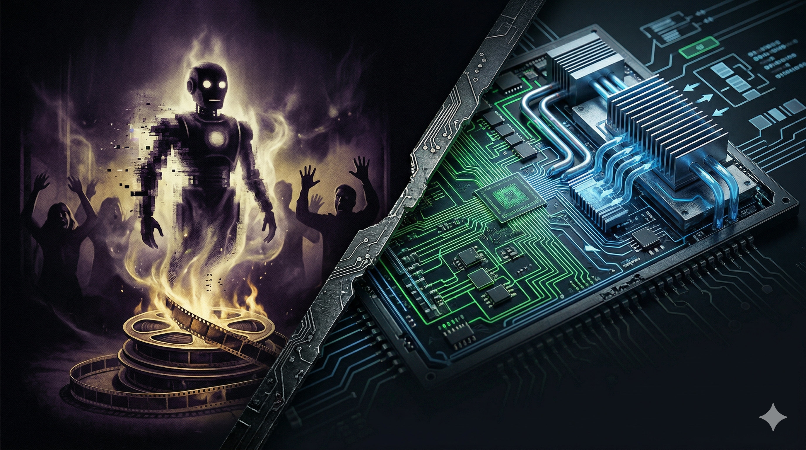 Abstract depiction of artificial intelligence constrained by silicon hardware, heat, and system architecture.