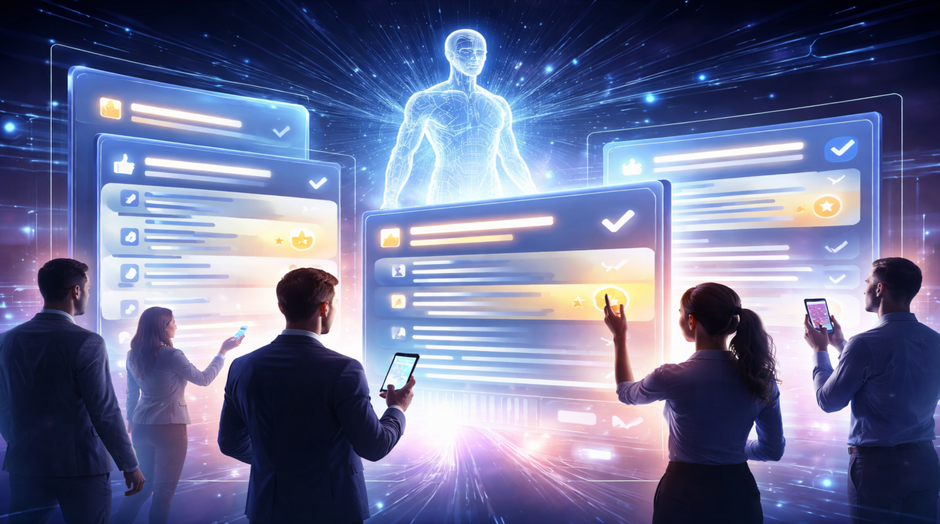 Abstract representation of people delegating filtering and early-stage choices to digital systems and artificial intelligence.