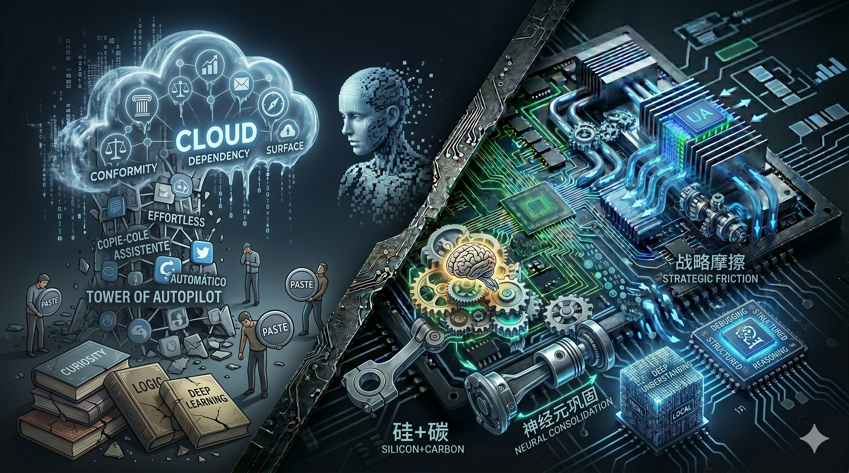 A neural interface merging with silicon circuits under cold cyan light.