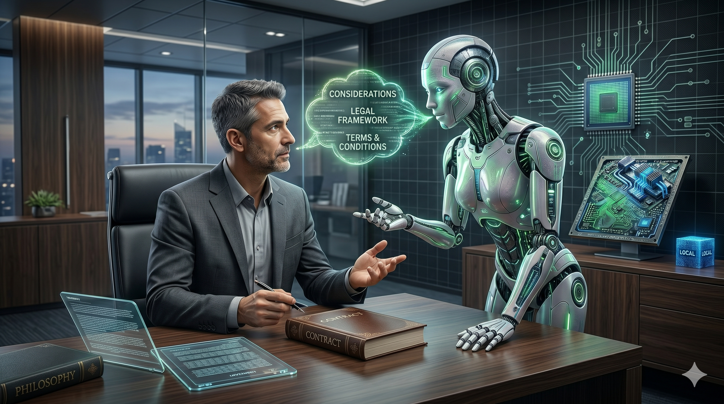 Abstract representation of collaboration between human judgment and artificial processing inside a hybrid system.